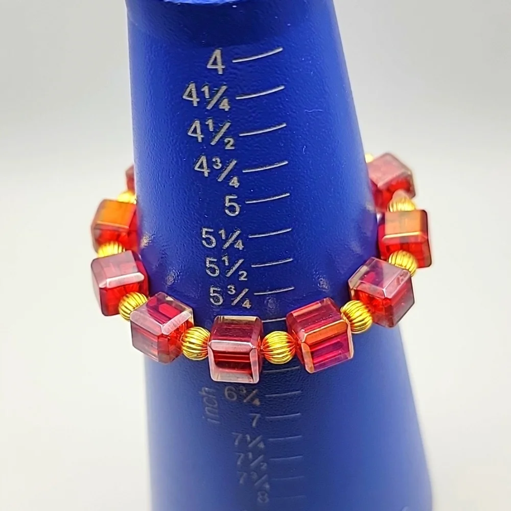 Red Cube Glass and Gold Tone Findings Beaded Bracelet US Size 6-3/4